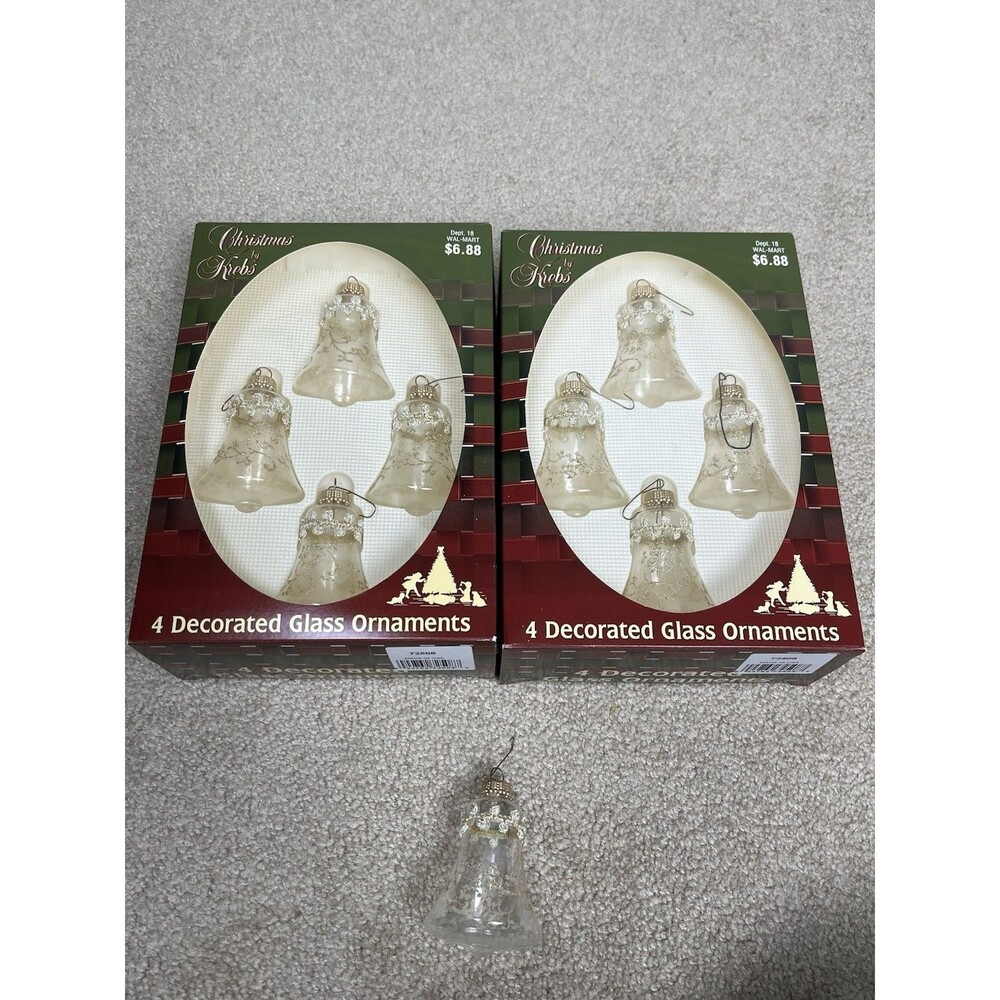 VTG 9 Pcs Christmas by Krebs Clear Glass Bell Ornaments Gold Glitter Lace USA